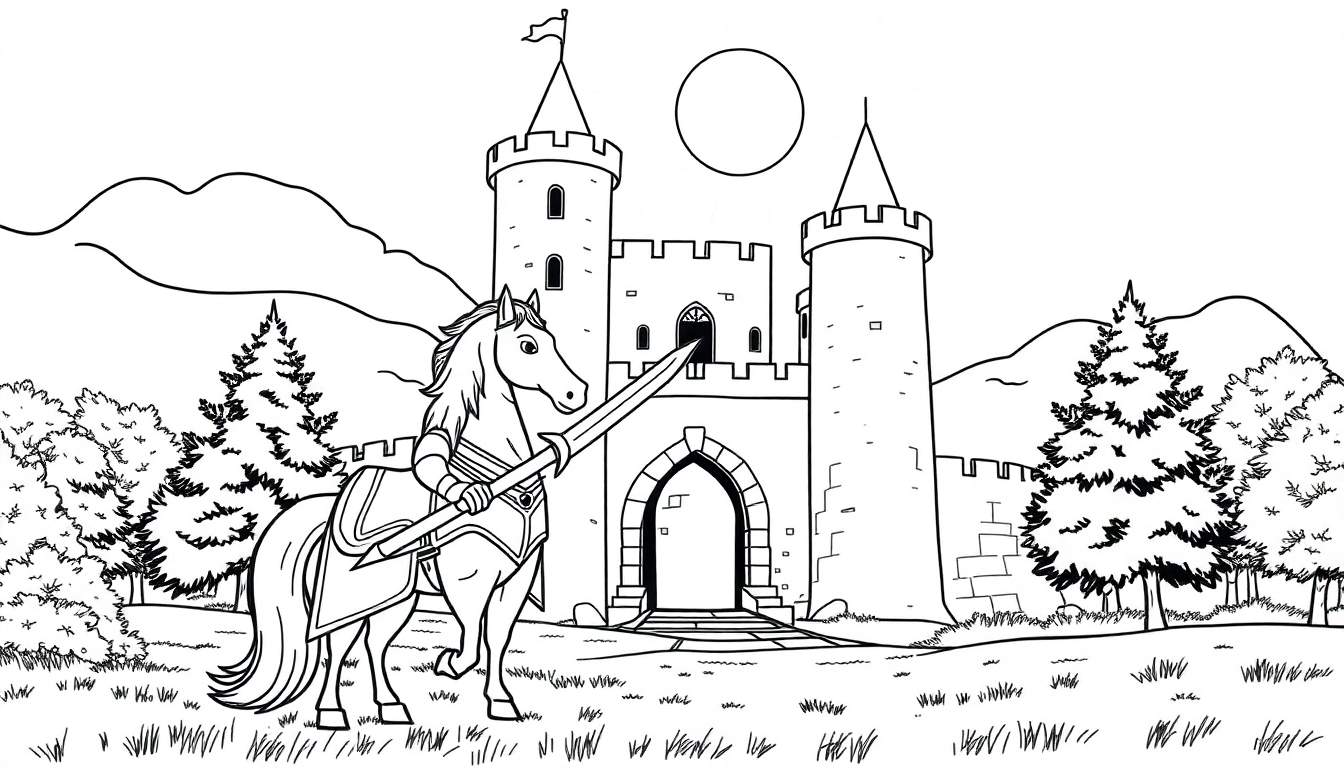 Cavaleiro a cavalo em frente a um castelo, com sol no céu.