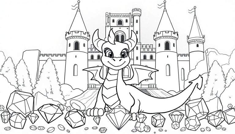 Desenho de um castelo com um dragão amigável e pedras preciosas.