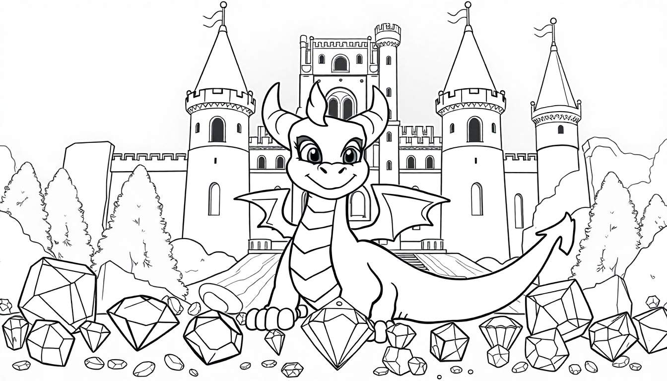 Desenho de um castelo com um dragão amigável e pedras preciosas.