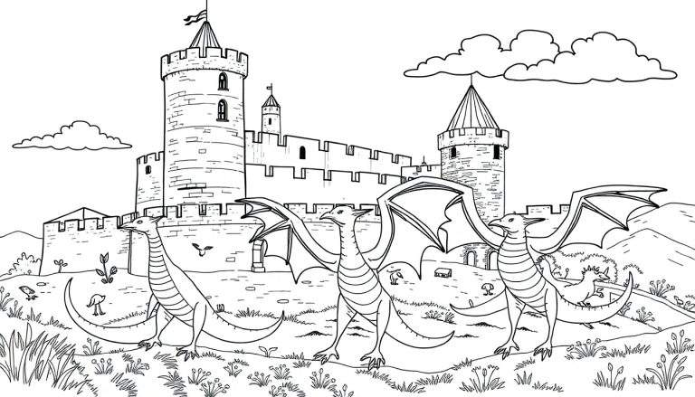 Castelo mágico com dragões coloridos em um céu de nuvens.