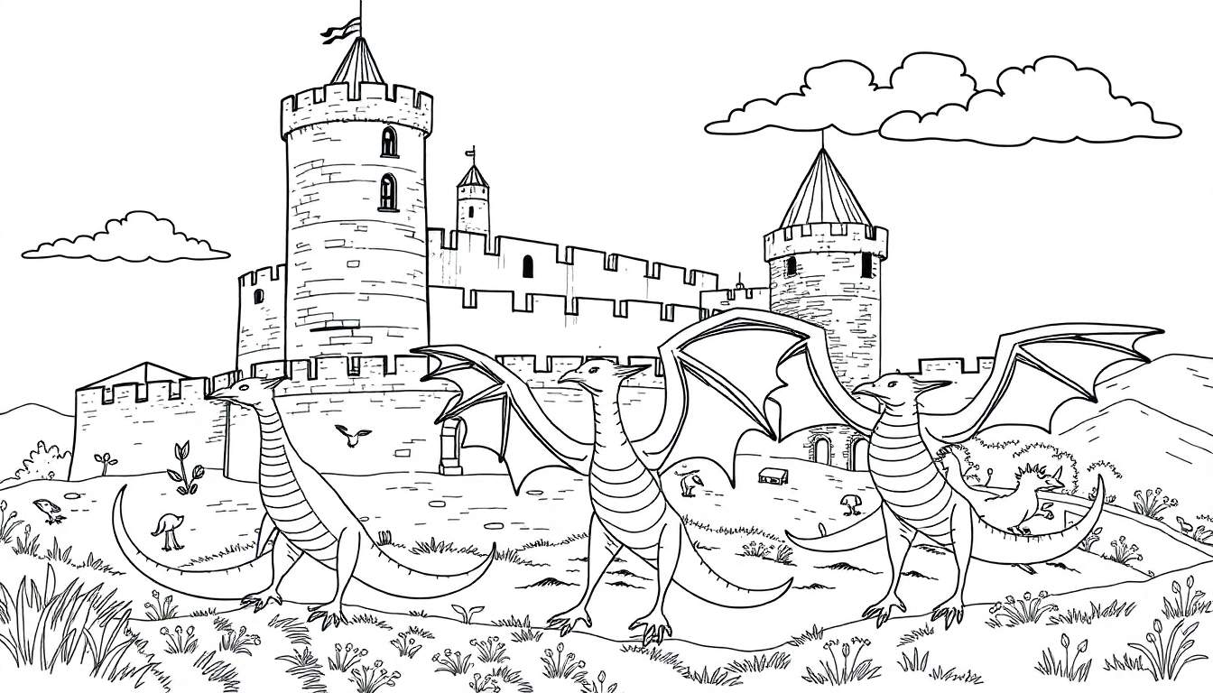 Castelo mágico com dragões coloridos em um céu de nuvens.