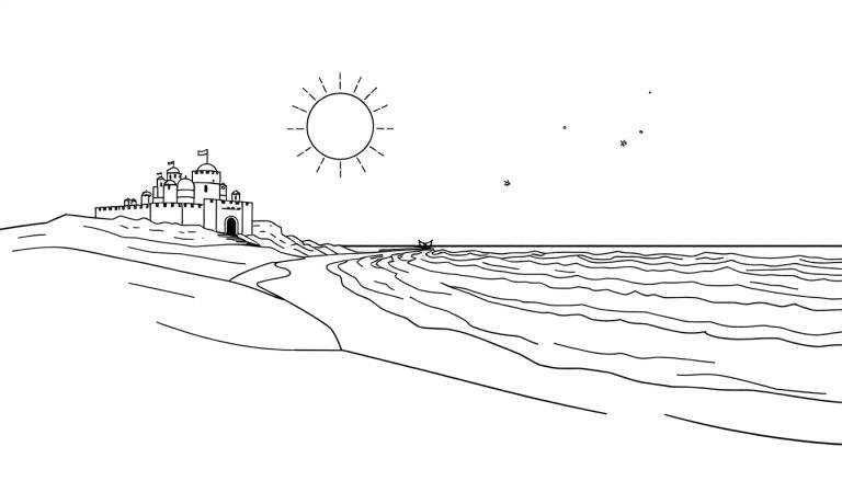 Desenho em preto e branco de um castelo no topo de uma colina com o sol a brilhar sobre o mar e uma praia.