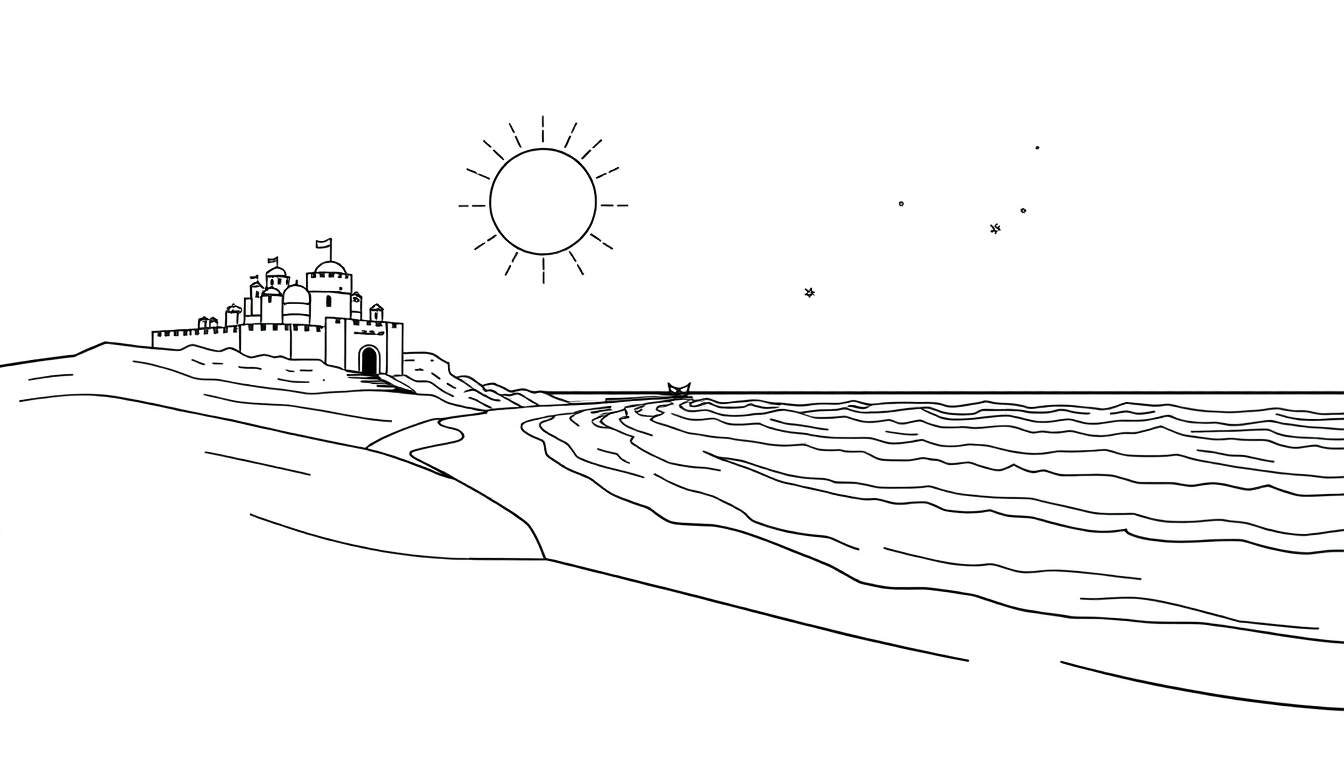 Desenho em preto e branco de um castelo no topo de uma colina com o sol a brilhar sobre o mar e uma praia.
