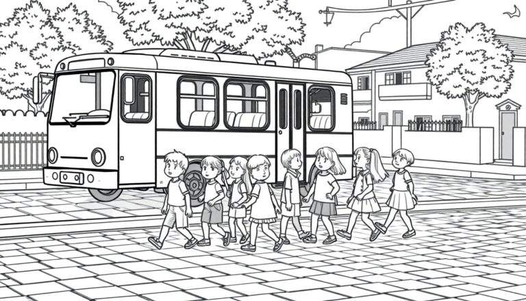 Um autocarro escolar amarelo à espera que um grupo de sete crianças, vestidas casualmente, atravesse a rua. O autocarro tem janelas e uma porta lateral. Ao fundo, vislumbram-se edifícios e árvores, indicando uma área residencial. A rua é pavimentada com blocos retangulares. A cena parece uma ilustração de um color panel em desenho animado.
