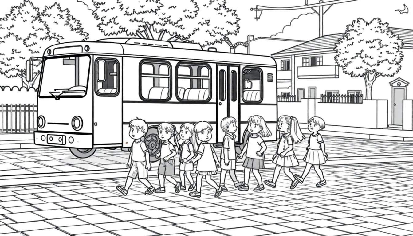 Um autocarro escolar amarelo à espera que um grupo de sete crianças, vestidas casualmente, atravesse a rua. O autocarro tem janelas e uma porta lateral. Ao fundo, vislumbram-se edifícios e árvores, indicando uma área residencial. A rua é pavimentada com blocos retangulares. A cena parece uma ilustração de um color panel em desenho animado.