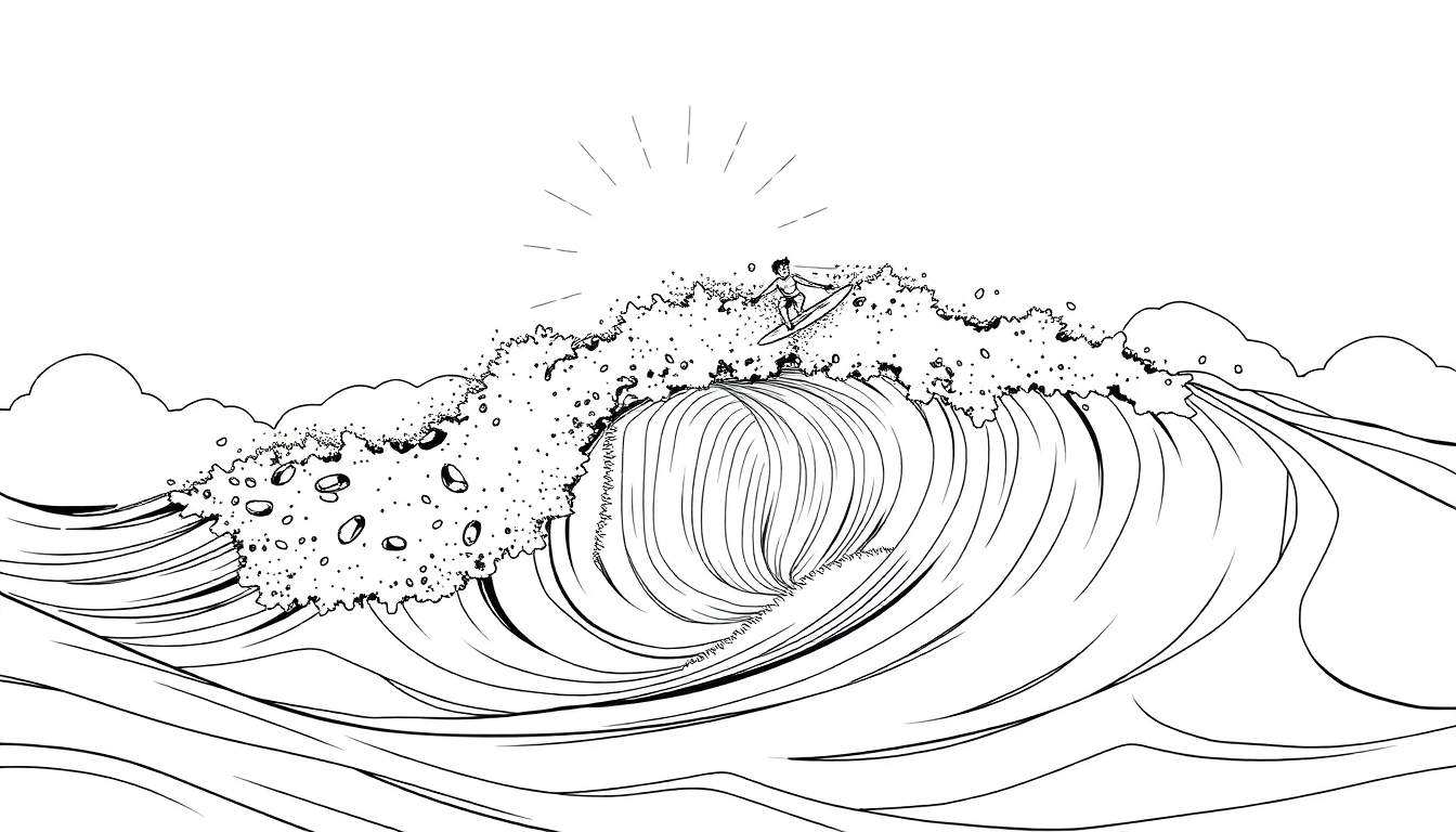 Um surfista corajoso desliza sobre uma onda gigante em um desenho em preto e branco, com raios de sol e ondas menores ao fundo. O surfista está com os braços abertos, em um color panel de aventura.