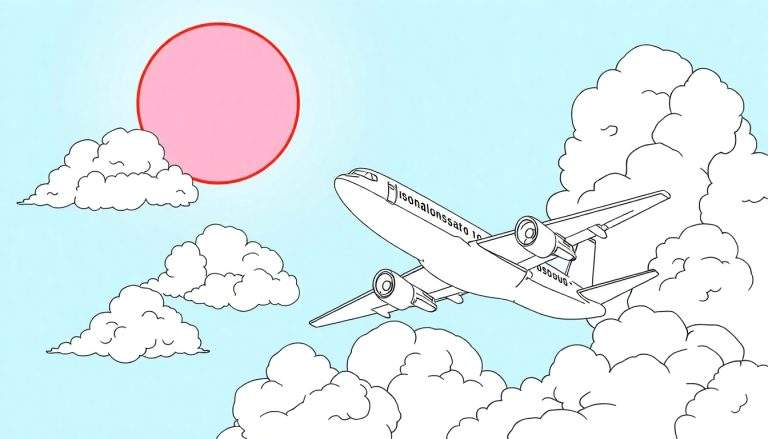 Um avião branco com contornos pretos, identificado como 'isonalonssato 16' e 'usdoug', voando em um céu azul vibrante com nuvens brancas e um sol rosa brilhante, em um estilo de desenho animado. Um color panel ideal para atividades criativas.