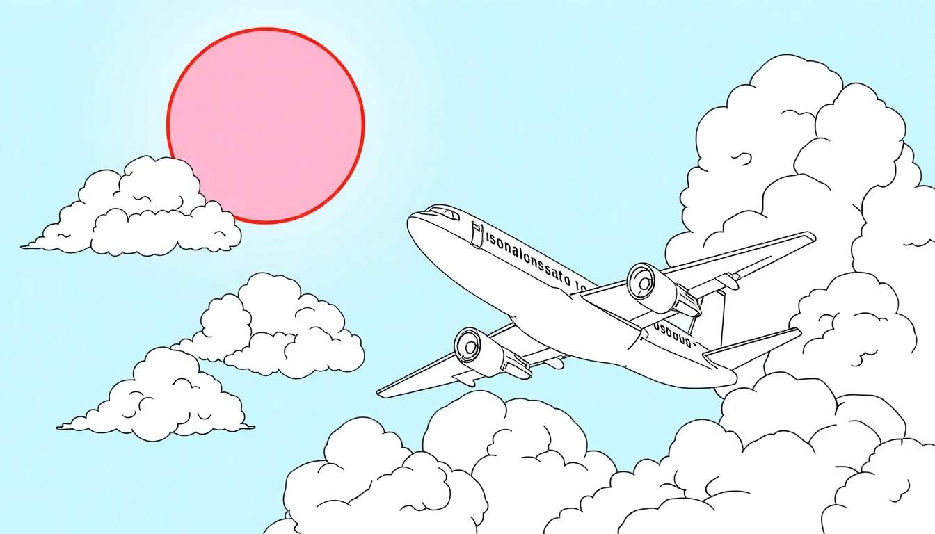 Um avião branco com contornos pretos, identificado como 'isonalonssato 16' e 'usdoug', voando em um céu azul vibrante com nuvens brancas e um sol rosa brilhante, em um estilo de desenho animado. Um color panel ideal para atividades criativas.