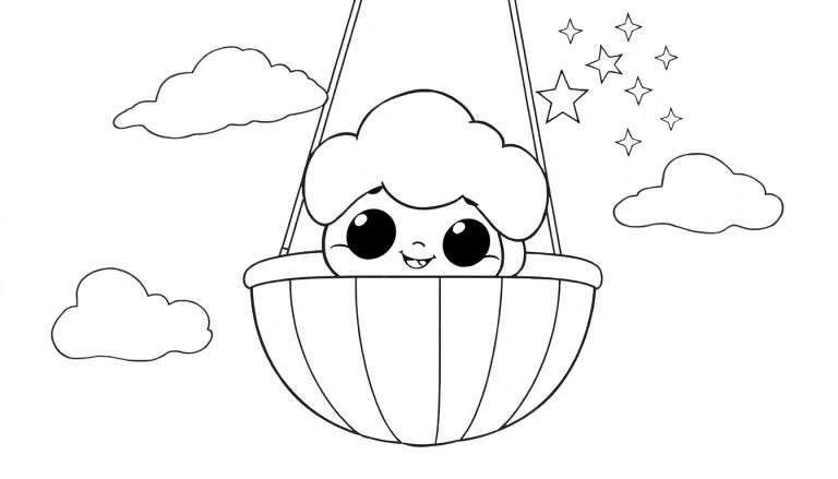 Um fofo personagem aninhado em uma cesta de balão de ar quente, com nuvens e estrelas ao redor, perfeito para um color panel.