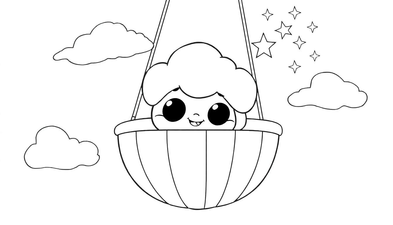 Um fofo personagem aninhado em uma cesta de balão de ar quente, com nuvens e estrelas ao redor, perfeito para um color panel.