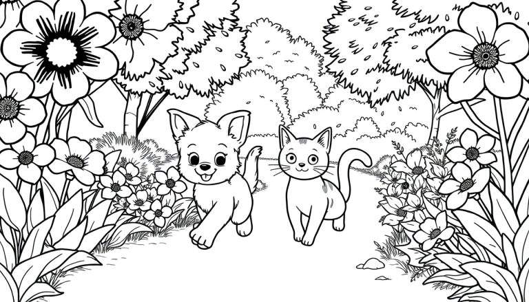 Desenho de linha de um cachorro e um gato caminhando juntos num jardim florido.