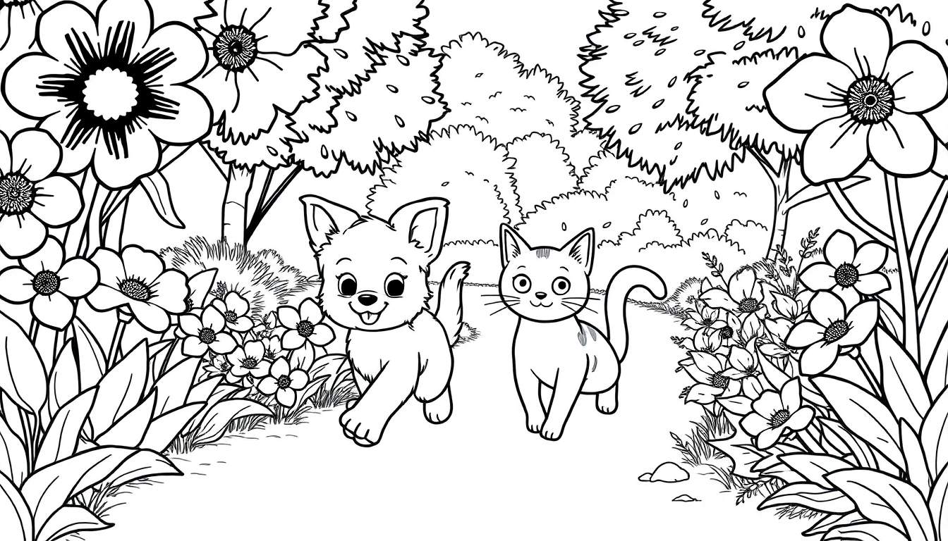 Desenho de linha de um cachorro e um gato caminhando juntos num jardim florido.