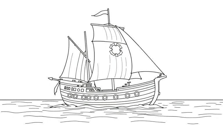 Um navio pirata com um símbolo circular numa vela e timão, navegando num mar azul com ondas.
