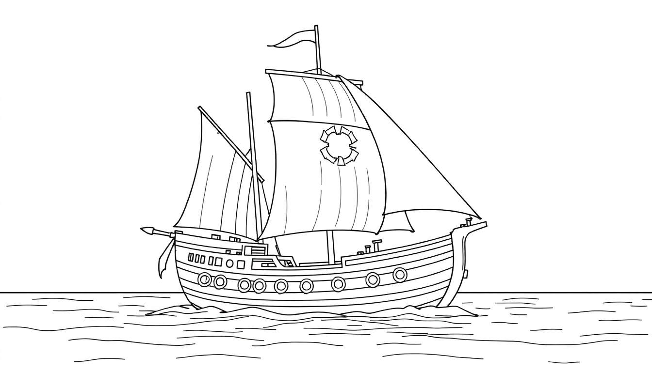 Um navio pirata com um símbolo circular numa vela e timão, navegando num mar azul com ondas.