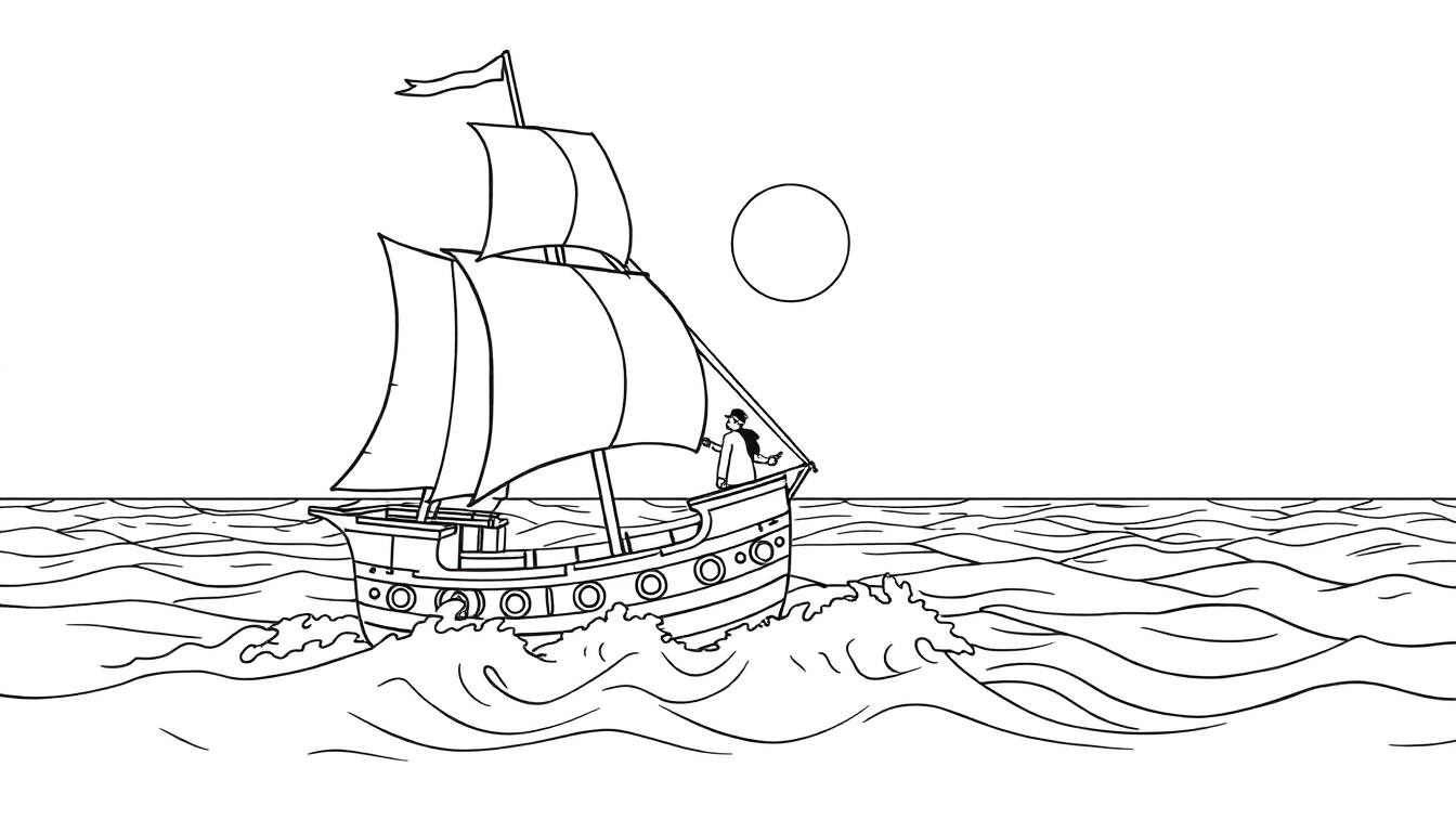 Desenho a preto e branco de um veleiro em mar agitado, com duas velas grandes e um homem no convés. O céu tem um sol brilhante e as ondas são curvas com espuma.