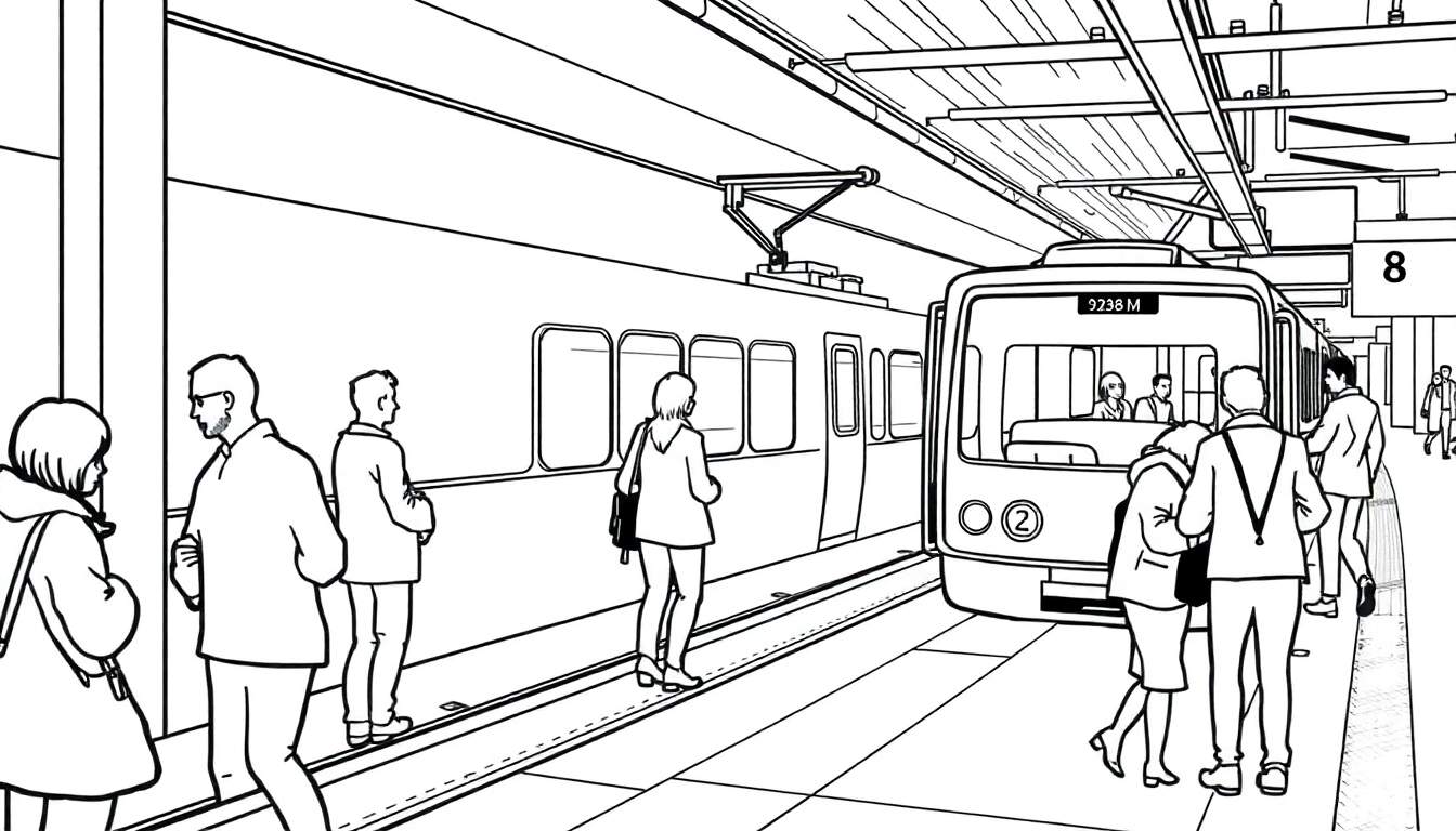Um colorido painel de cores de um trem moderno esperando em uma plataforma movimentada de metrô.