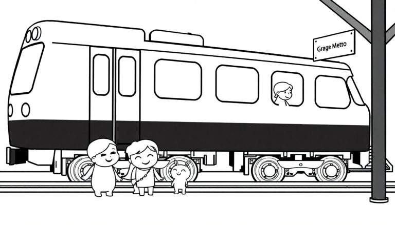 Um trem de metrô moderno com crianças e um animal de estimação esperando na estação.
