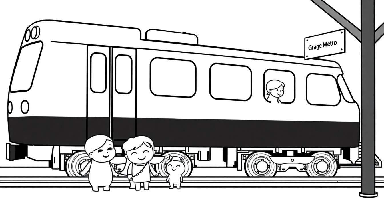 Um trem de metrô moderno com crianças e um animal de estimação esperando na estação.