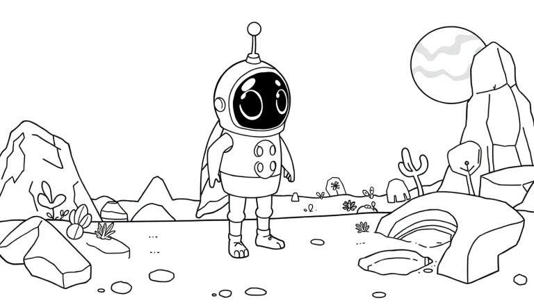 Um astronauta de desenho animado em pé numa paisagem desértica alienígena com rochas e um planeta grande ao fundo.