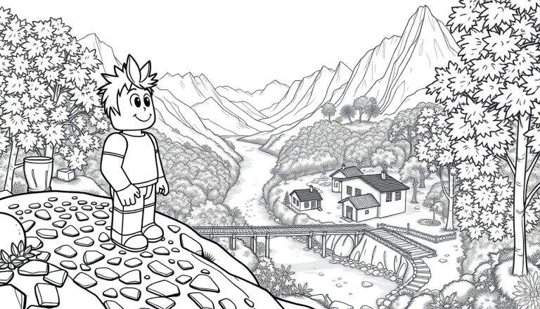 Um menino de desenho animado em uma colina rochosa, olhando para um vale com montanhas e um rio, com árvores emoldurando a cena.