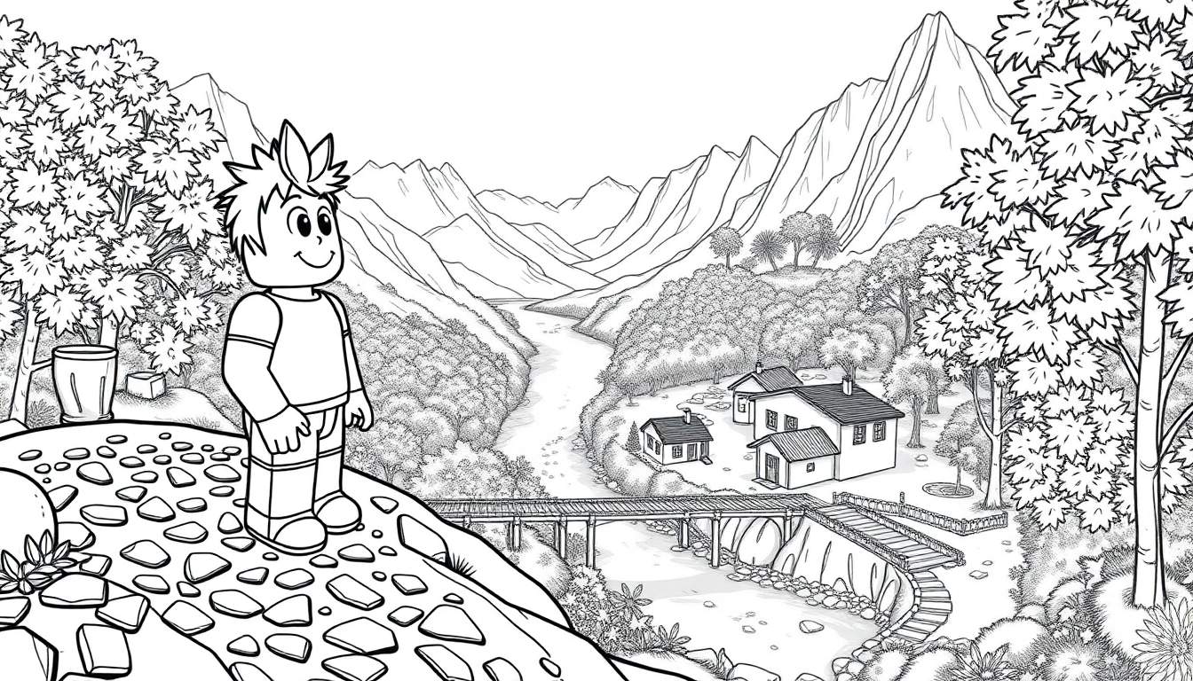 Um menino de desenho animado em uma colina rochosa, olhando para um vale com montanhas e um rio, com árvores emoldurando a cena.