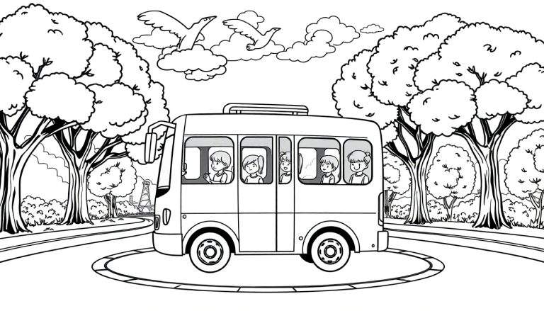 Um ônibus escolar cheio de crianças, num ambiente arborizado, adequado para colorir.
