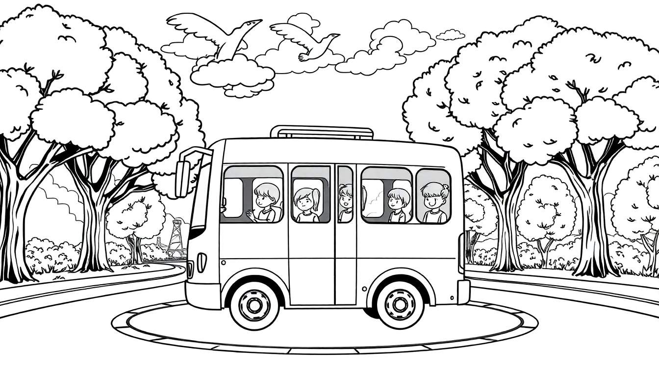 Um ônibus escolar cheio de crianças, num ambiente arborizado, adequado para colorir.