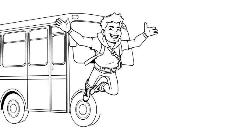 Um menino sorridente em estilo Fortnite saltando de um ônibus de batalha, com mochila cruzada e braços abertos, em um desenho em preto e branco, com um painel de cor vibrante no fundo.