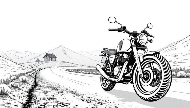 Uma motocicleta café racer estilosa estacionada em uma paisagem árida com uma cabana ao longe.