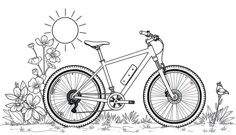 Bicicleta de montanha estacionada num campo florido com um sol e uma borboleta.