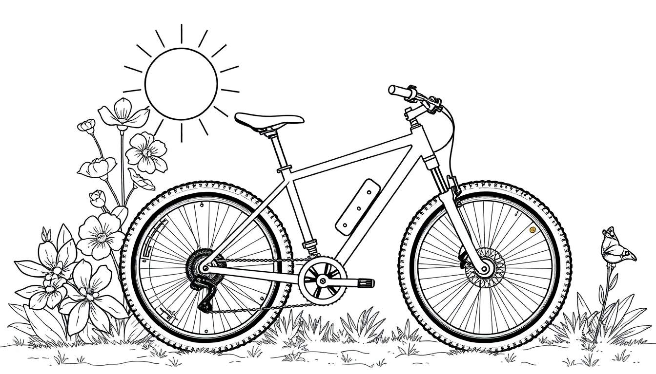 Bicicleta de montanha estacionada num campo florido com um sol e uma borboleta.