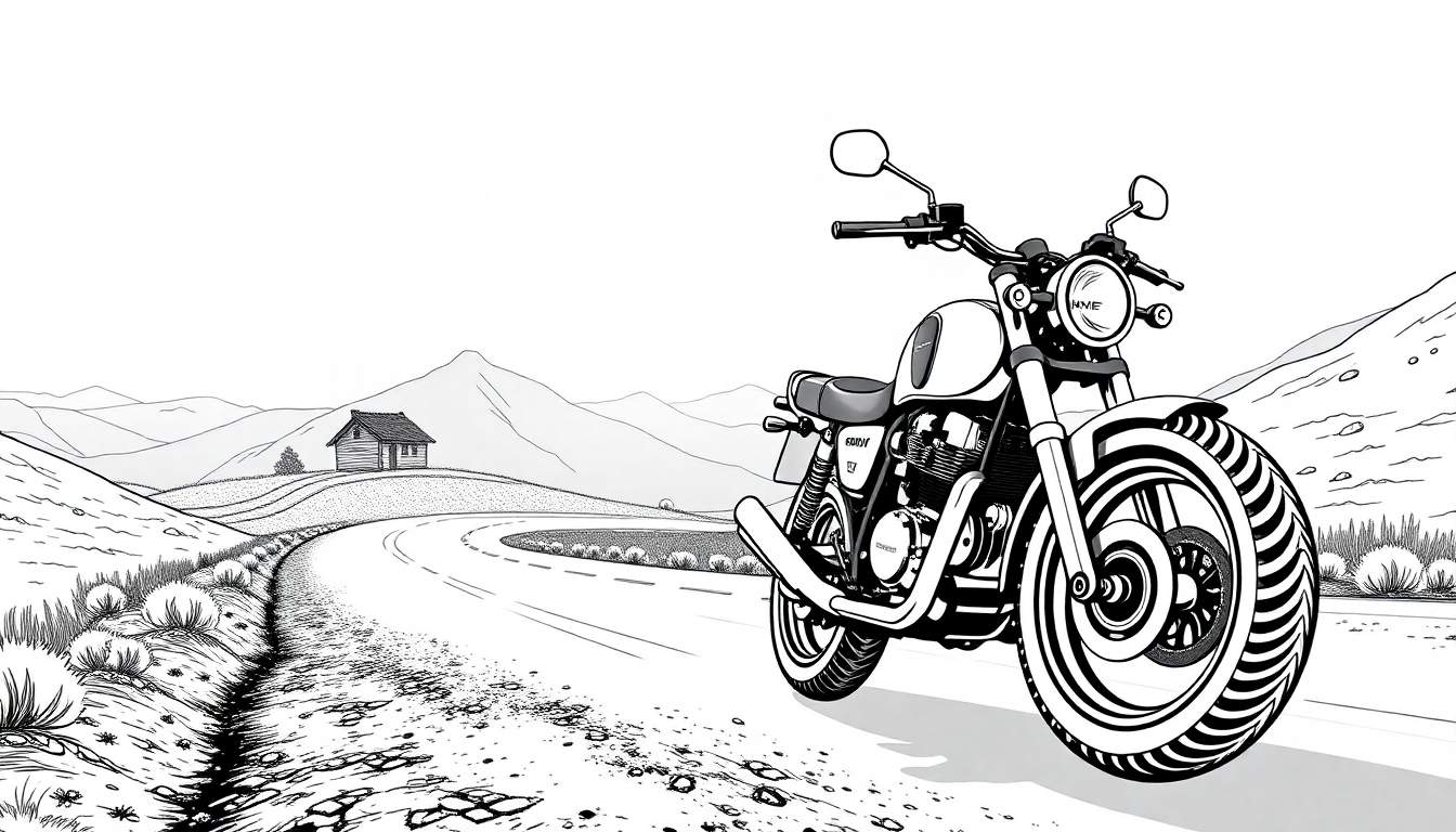 Uma motocicleta café racer estilosa estacionada em uma paisagem árida com uma cabana ao longe.