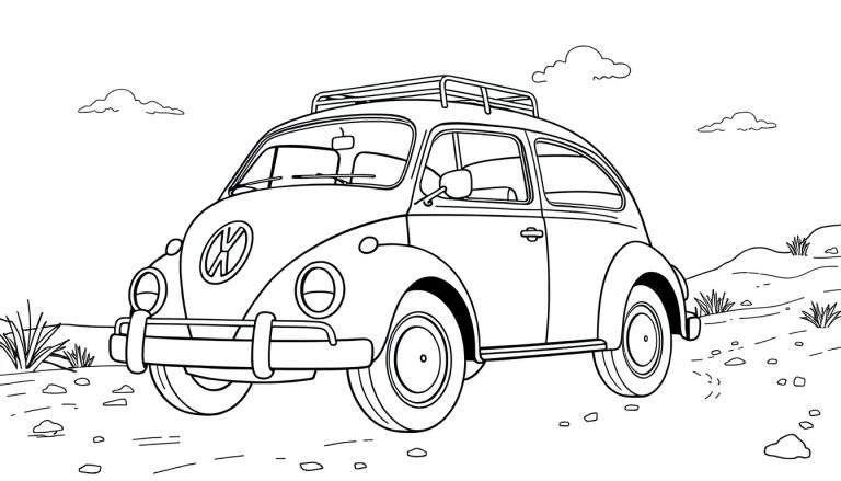 Um desenho de linha de um Fusca clássico com bagageiro no teto em uma paisagem rochosa, com nuvens e grama, em um estilo de página para colorir.