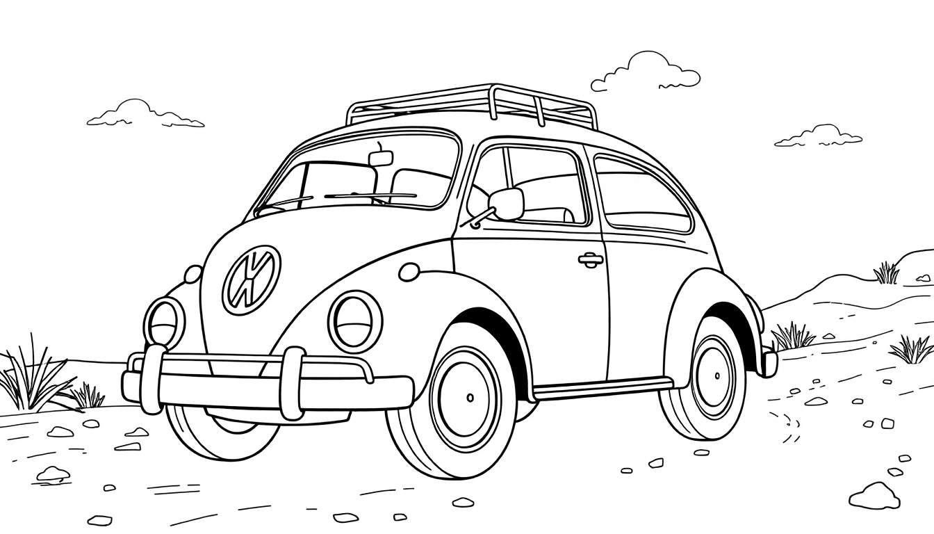 Um desenho de linha de um Fusca clássico com bagageiro no teto em uma paisagem rochosa, com nuvens e grama, em um estilo de página para colorir.