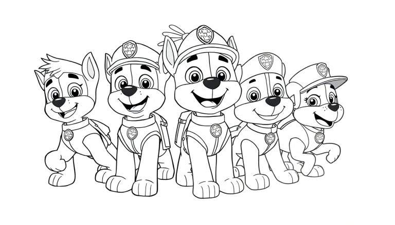 Grupo de cachorros em preto e branco em estilo de desenho animado, prontos para ação.