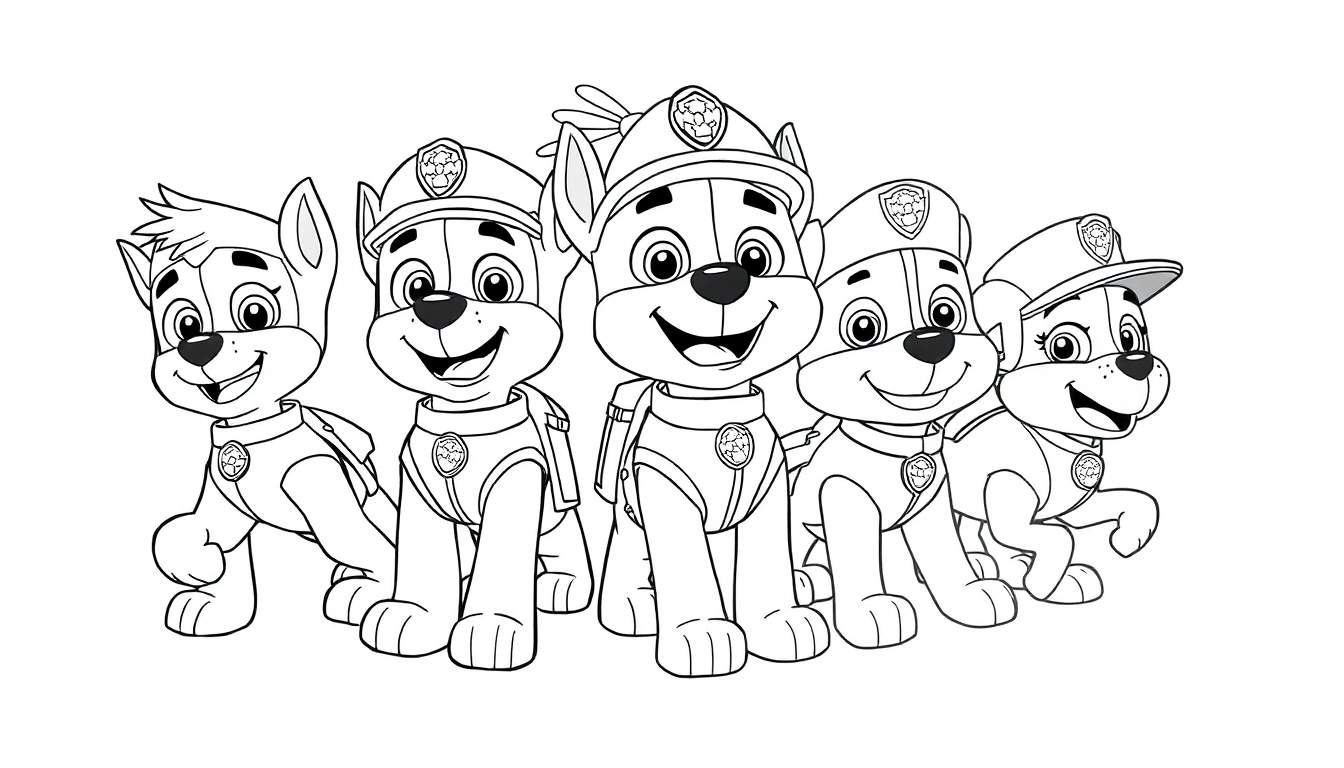 Grupo de cachorros em preto e branco em estilo de desenho animado, prontos para ação.
