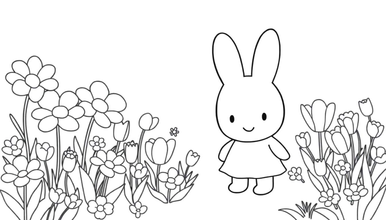Desenho de contorno em preto e branco de um coelhinho chamado Miffy num jardim florido, pronto para ser colorido.