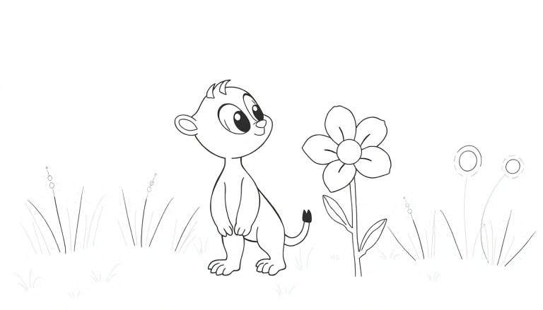 Um pequeno animal de desenho animado, semelhante a um suricato, em um campo de grama com uma flor e plantas. O animal é desenhado em linhas pretas e brancas, em pé sobre as patas traseiras, olhando para a flor. A imagem parece ser uma página para colorir.