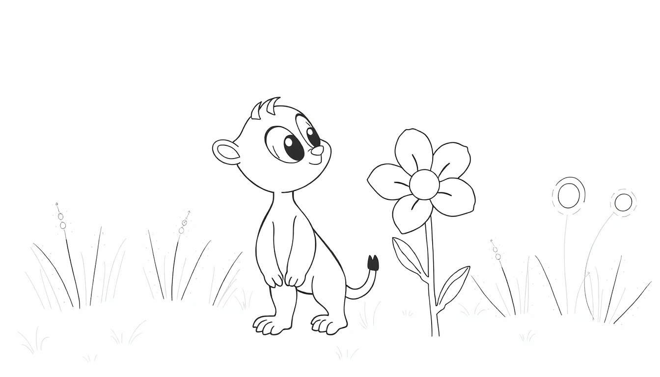 Um pequeno animal de desenho animado, semelhante a um suricato, em um campo de grama com uma flor e plantas. O animal é desenhado em linhas pretas e brancas, em pé sobre as patas traseiras, olhando para a flor. A imagem parece ser uma página para colorir.
