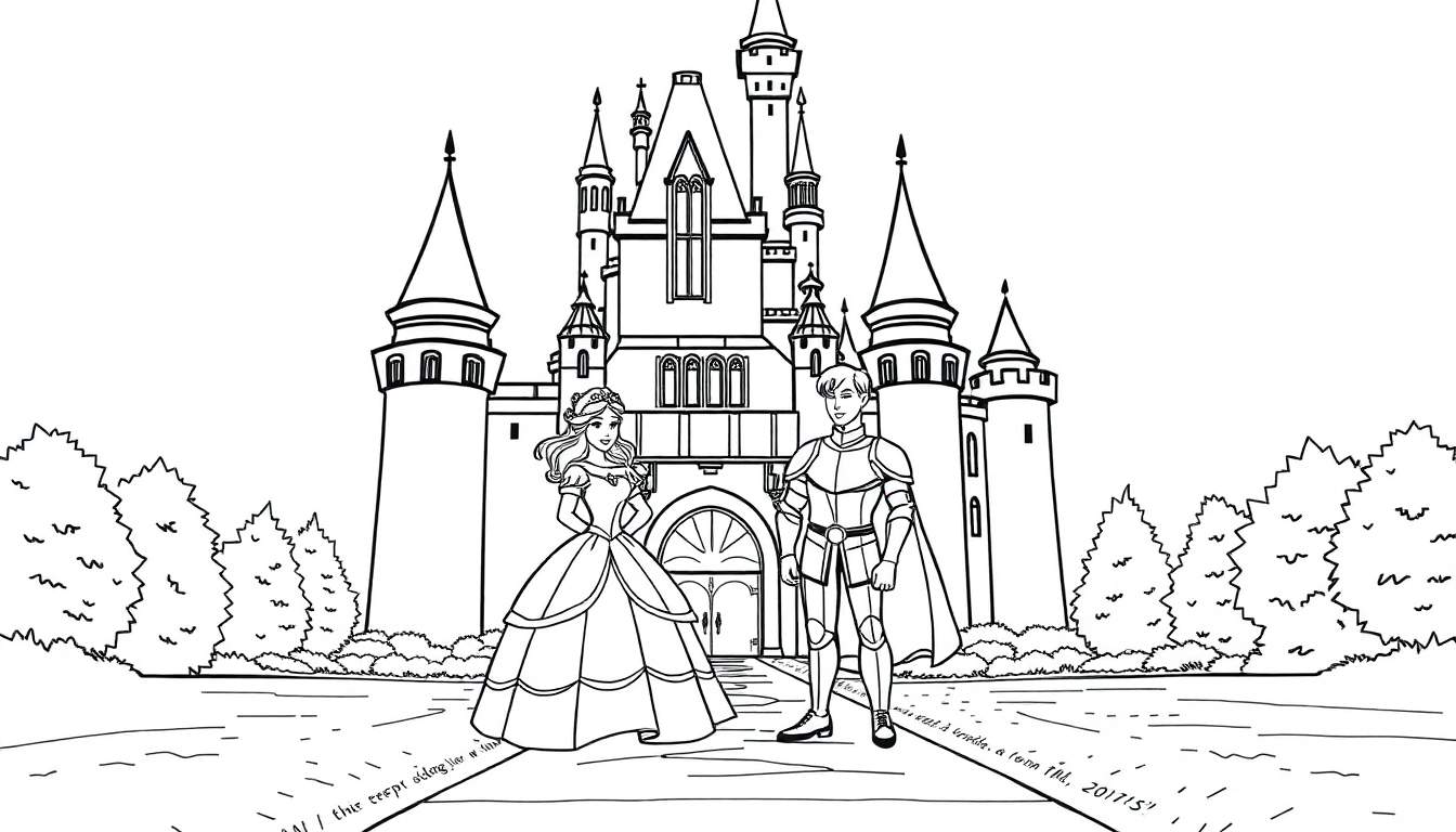Desenho para colorir de uma princesa e cavaleiro em frente a um castelo, com árvores nas laterais.
