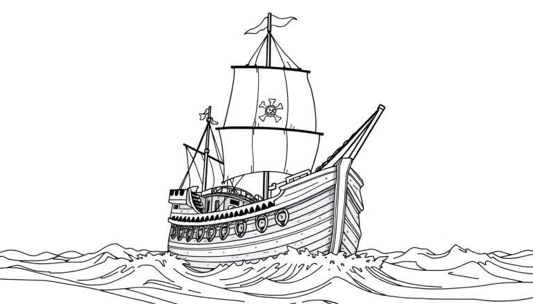 Desenho de um galeão pirata com bandeira de caveira navegando em ondas azuis, color panel.