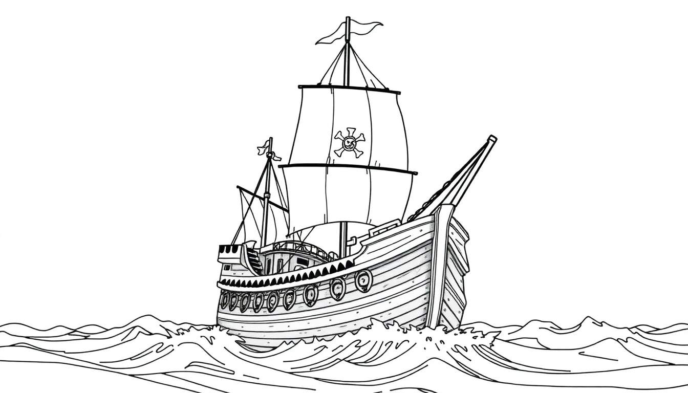 Desenho de um galeão pirata com bandeira de caveira navegando em ondas azuis, color panel.