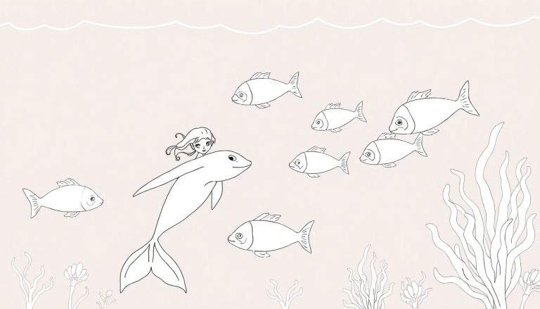 Sereia montada em um golfinho cercada por peixes e algas em um desenho de contorno simples para colorir. Um color panel vibrante espera pela sua criatividade!