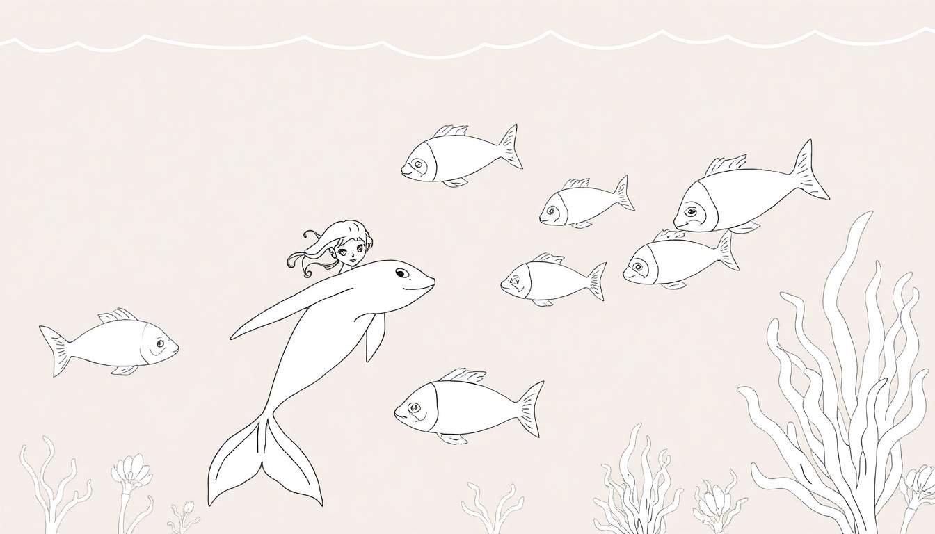 Sereia montada em um golfinho cercada por peixes e algas em um desenho de contorno simples para colorir. Um color panel vibrante espera pela sua criatividade!