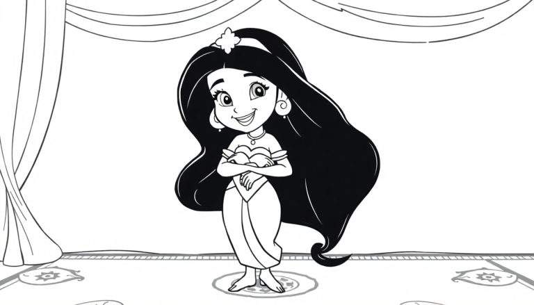 Desenho em preto e branco da Princesa Jasmine, com cabelos escuros, tiara e colar, vestindo traje oriental, com braços cruzados e sorrindo, em frente a cortinas e sobre um tapete decorado. Um color panel.