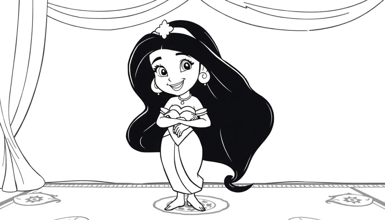 Desenho em preto e branco da Princesa Jasmine, com cabelos escuros, tiara e colar, vestindo traje oriental, com braços cruzados e sorrindo, em frente a cortinas e sobre um tapete decorado. Um color panel.