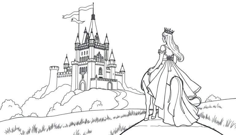 Desenho de uma princesa de costas em frente a um castelo em uma colina, em preto e branco, pronto para colorir. Inclui um color panel.