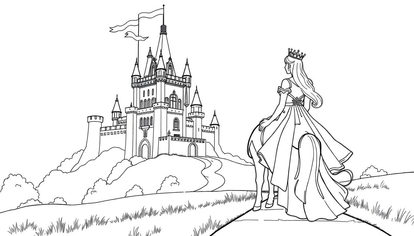 Desenho de uma princesa de costas em frente a um castelo em uma colina, em preto e branco, pronto para colorir. Inclui um color panel.