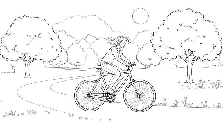 Mulher pedalando bicicleta em parque ensolarado com árvores e colinas. Um color panel no canto superior direito sugere o sol.