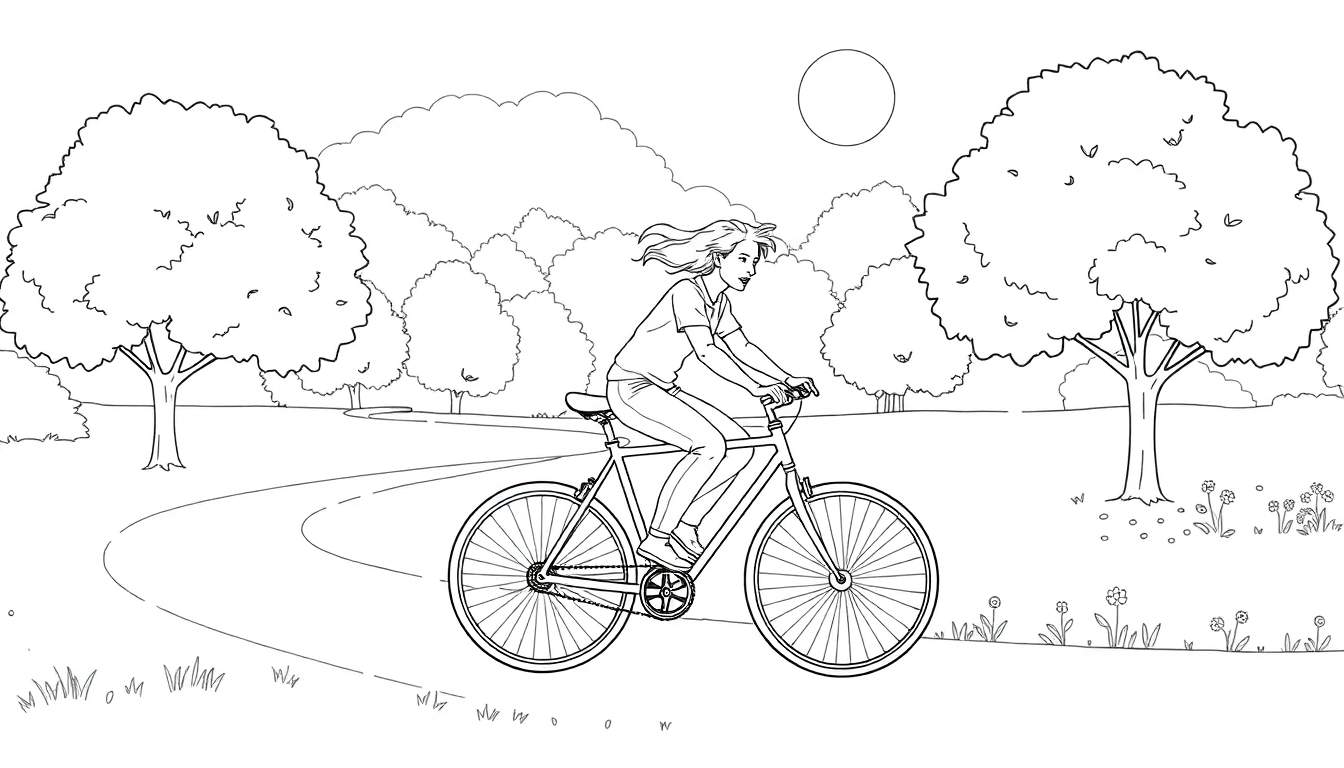 Mulher pedalando bicicleta em parque ensolarado com árvores e colinas. Um color panel no canto superior direito sugere o sol.